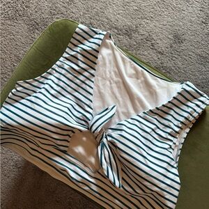 Striped Tie-Front Bikini Top - White & Teal